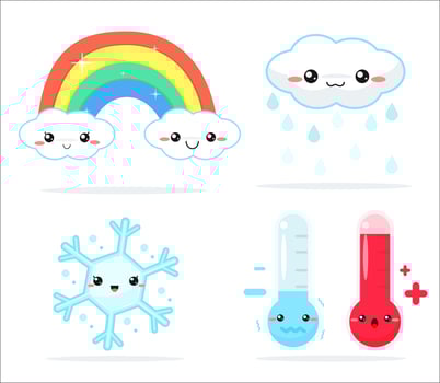 Weather forecast kawaii cartoon rainbow clouds, sun and moon that look cute and colorful. vector