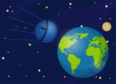 Sputnik It is the first satellite orbiting the Earth. The first satellite to take a dog into space. vector