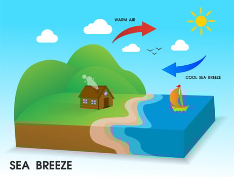 Sea breeze. The cold wind blows from the sea to the coast in the daytime. vector