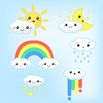 Weather forecast kawaii cartoon rainbow clouds, sun and moon that look cute and colorful. vector