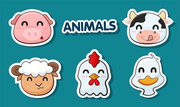 Cartoon faces of animals raised as food. vector