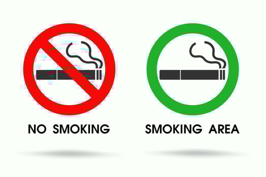Signs showing non smoking areas and allowed smoking spots. cigarette vector icon.