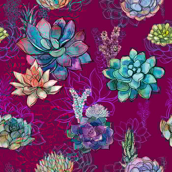 Seamless pattern with succulents on Burgundy background. Graphics. Watercolor. vector