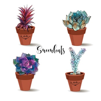 Succulents in clay pots. Set. Graphics with watercolor. Vector. vector