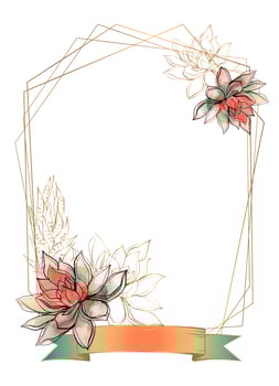 Gold frame with succulents flowers. Watercolor. Graphics vector