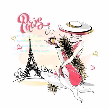 The girl in the hat drinks coffee. Fashion model in Paris. Eiffel tower. Romantic composition. Elegant model on vacation. Vector