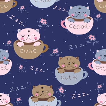 Seamless pattern. Cute kittens sleep sweetly in mugs. Pajama print for children. Vector. vector