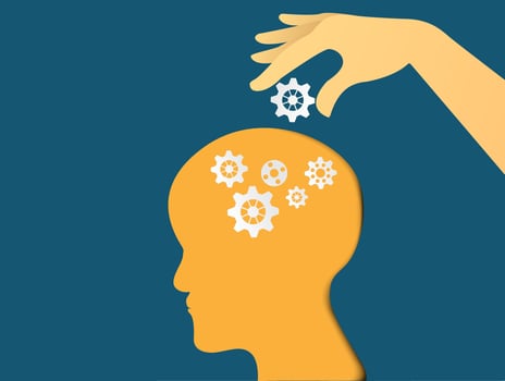 Hand putting gears with head. Head thinking. Business plan and idea.  vector