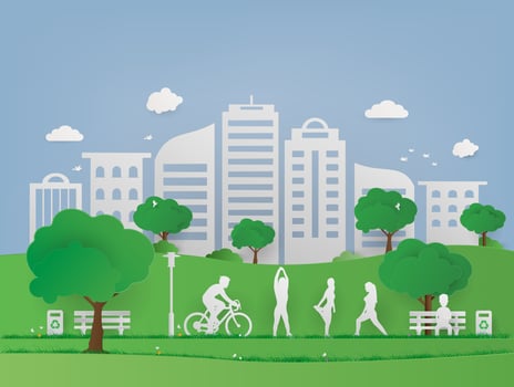 Landscape public park in urban cityscape. Green grass and tree with eco friendly and ecology concept. Nature Green city and World Environmental. vector