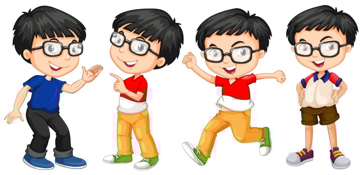 Boy in glasses in four actions vector