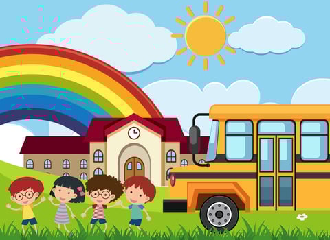 Kids and schoolbus in front of school vector