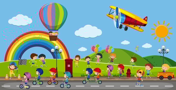 Many children playing in the park vector