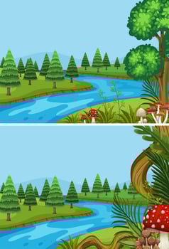 Two scenes with pine trees along the river vector