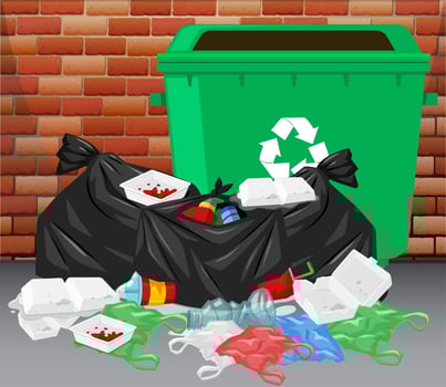 Trashcan and pile of dirty trash on the floor vector