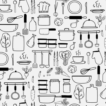 Pattern With Line Hand Drawn Doodle Vector Cooking Background Include Cooking Equipment  Raw Materials. Vector Illustration.