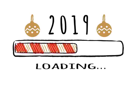 Progress bar with inscription 2019 loading and christmas bulbs in sketchy style. Vector New year illustration for t-shirt design, poster, greeting or invitation card.