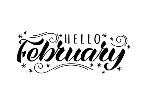 Hello february hand drawn lettering card with doodle snowflakes. Inspirational winter quote. Motivational print for invitation  or greeting cards, brochures, poster, t-shirts, mugs. vector
