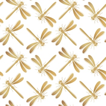 Golden dragonfly vector seamless pattern for textile design, wallpaper, wrapping paper or scrapbooking.