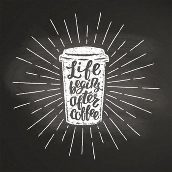 Chalk textured paper coffee cup silhouette with vintage sun rays and lettering on black board. Vector coffee-to-go mug illustration for drink and beverage. menu cafe theme, poster, t-shirt print, logo.