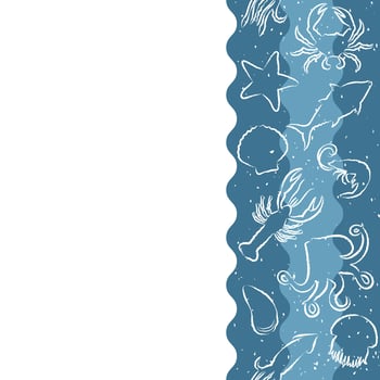Vertical repeating pattern with seafood products. Seafood seamless banner with underwater contour animals. Tile design for restaurant menu, fish food industry or market shop. vector