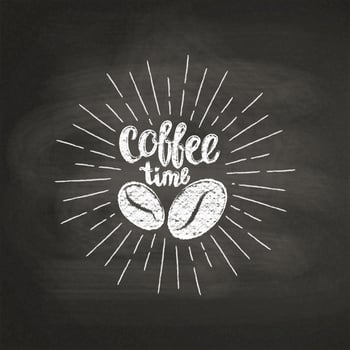 Chalk textured lettering Coffee time with coffee beans on black board. Handwritten quote for drink and beverage menu or cafe theme, poster, t-shirt print, logo. vector