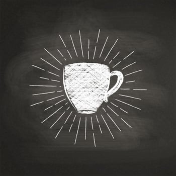 Chalk textured coffee cup silhouette with vintage sun rays on black board. Vector coffee mug illustration for drink and beverage menu or cafe theme, poster, t-shirt print, logo.