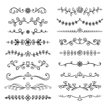 Collection of hand drawn flourish text dividers. Doodle botanical boders for typography design, invitations, greeting cards. Calligraphic and floral design elements. vector