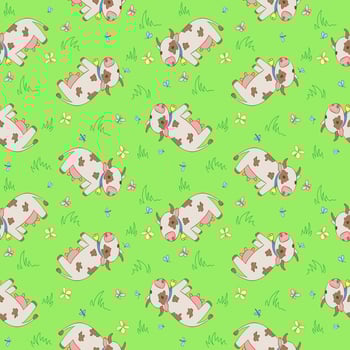Vector seamless pattern with cartoon styled cows, mosquitoes and butterflies.