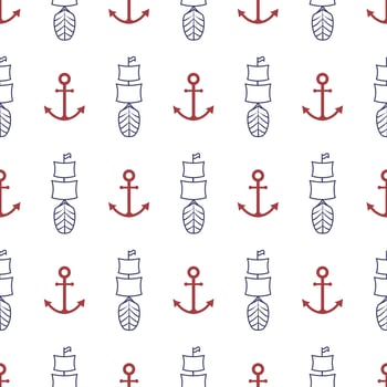 Nautical seamless pattern with anchor and ship vector