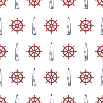 Nautical seamless pattern with bottle and wheel. vector