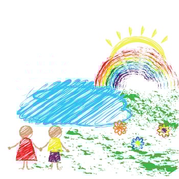 Children s drawing pencil with the image of children and the rainbow. Vector