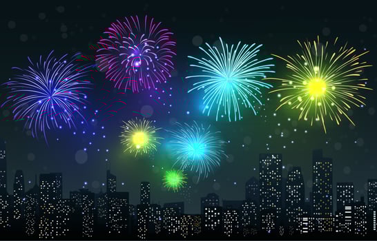Fireworks on city night scene vector