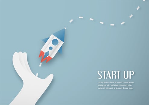 Vector illustration with start up concept in paper cut, craft and origami style. Rocket is flying on blue sky. Template design for web banner, poster, cover, advertisement. 3D art craft for kids.