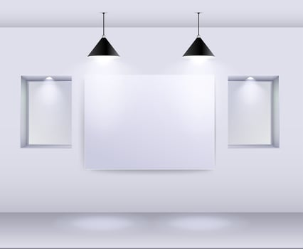 Gallery Interior with empty frame on wall and spotlights vector
