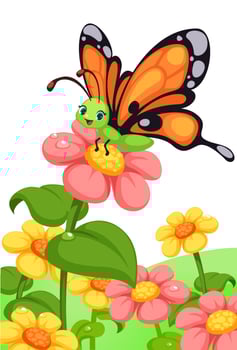 cute butterfly on colorful flowers vector