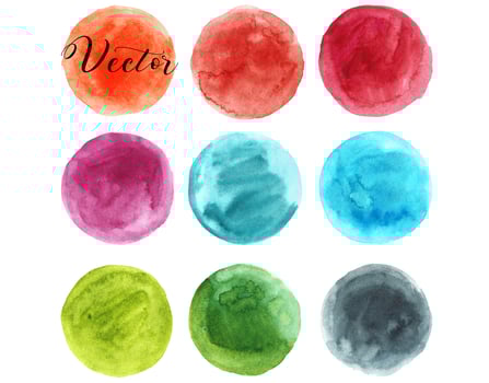Set of watercolor stain. Spots on a white background. Watercolor texture with brush strokes. Round, circle. Orange, red, blue, burgundy, turquoise, green, gray.. Isolated. Vector. vector