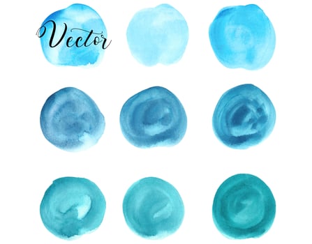 Set of watercolor stain. Spots on a white background. Watercolor texture with brush strokes. Blue, turquoise. Sea, sky.Circle. Isolated.  vector