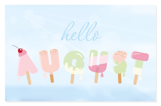 Hello august letters on blurred sky background. vector