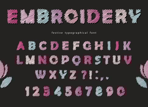 Embroidery font design. Cute ABC letters and numbers in pastel colors on the black background. vector
