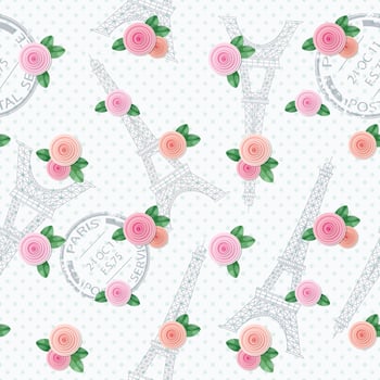 Romantic seamless pattern with Eiffel tower, stamps and roses. For print and web. vector