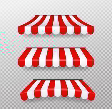 Red and white sunshades for shops Isolated vector on transparent background.