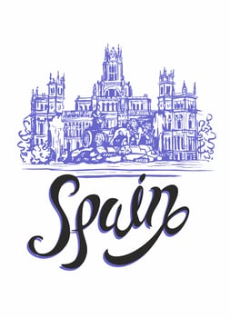 Travel. trip to Spain. City Of Madrid. Sketch. Cybele Palace and fountain at the Plaza Cibeles in Madrid, Spain.. Design concept for the tourism industry. Vector illustration.
