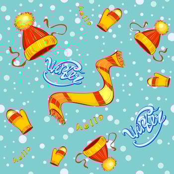 Seamless pattern. Cap scarf mittens. Winter children's clothing . Snowflakes. Snow background. Hello winter. Lettering. Vector. vector