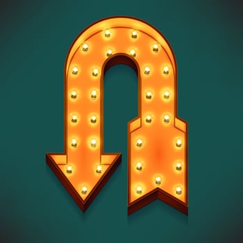 Vector realistic 3d volumetric icon on marquee sign u-turn arrow lit up with electric bulbs
