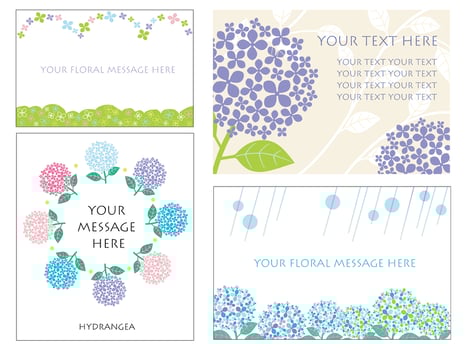 Set of four card templates with hydrangeas. vector