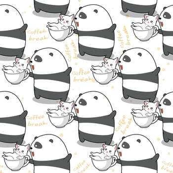 Seamless panda and cat in time to relax pattern. vector