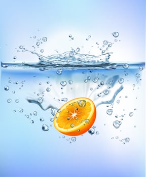 fresh fruit splashing into blue clear water splash healthy food diet freshness concept isolated white background. Realistic Vector Illustration.