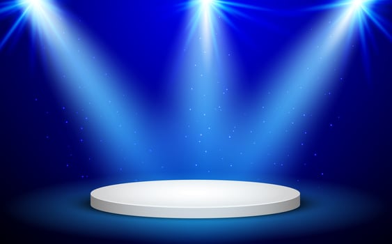 Blue Round Winner Podium on blue Background. Stage with Studio Lights for Awards Ceremony. Spotlights illuminate. Vector illustration. 