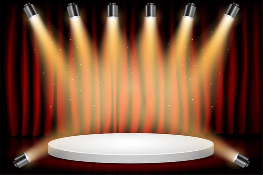 White Round Winner Podium on Red Curtain Theater Scene Stage Background. Stage with Studio Lights for Awards Ceremony. Spotlights illuminate. Vector illustration.  Background. 