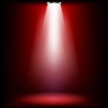 Studio lights for awards ceremony with red light. spotlights illuminate shines on the stage. Vector illustration.